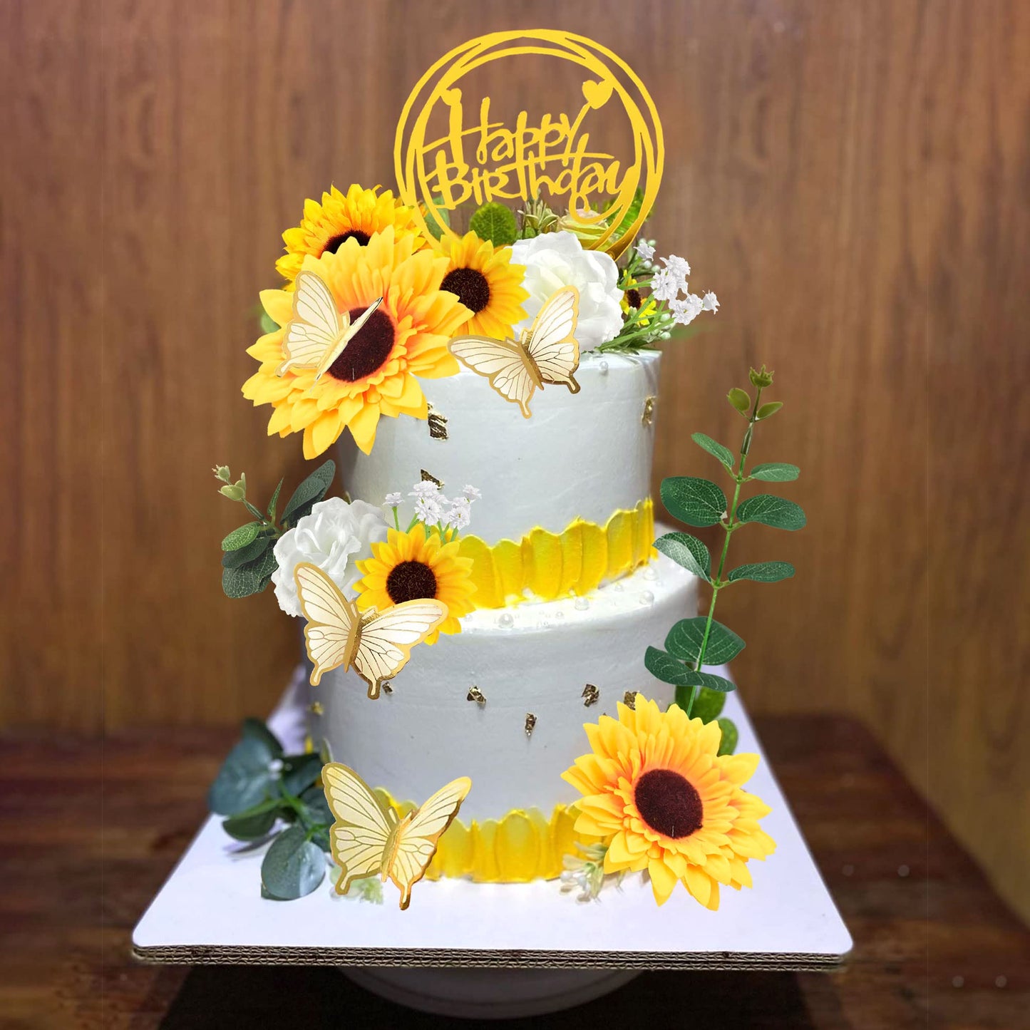 Drwate Sunflower Cake Topper, 28 Pcs Multicolor Acrylic, Silk - Baby Shower, Wedding Decorations, Butterfly, Eucalyptus, Rose, H