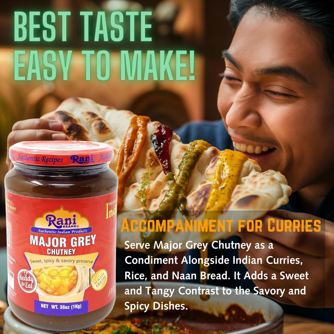 Rani Major Grey Mango Chutney (Indian Preserve) 36Oz (2.2Lbs) 1Kg Value Pack, Glass Jar, Ready To Eat, Vegan, Pack Of 5+1 Free ~