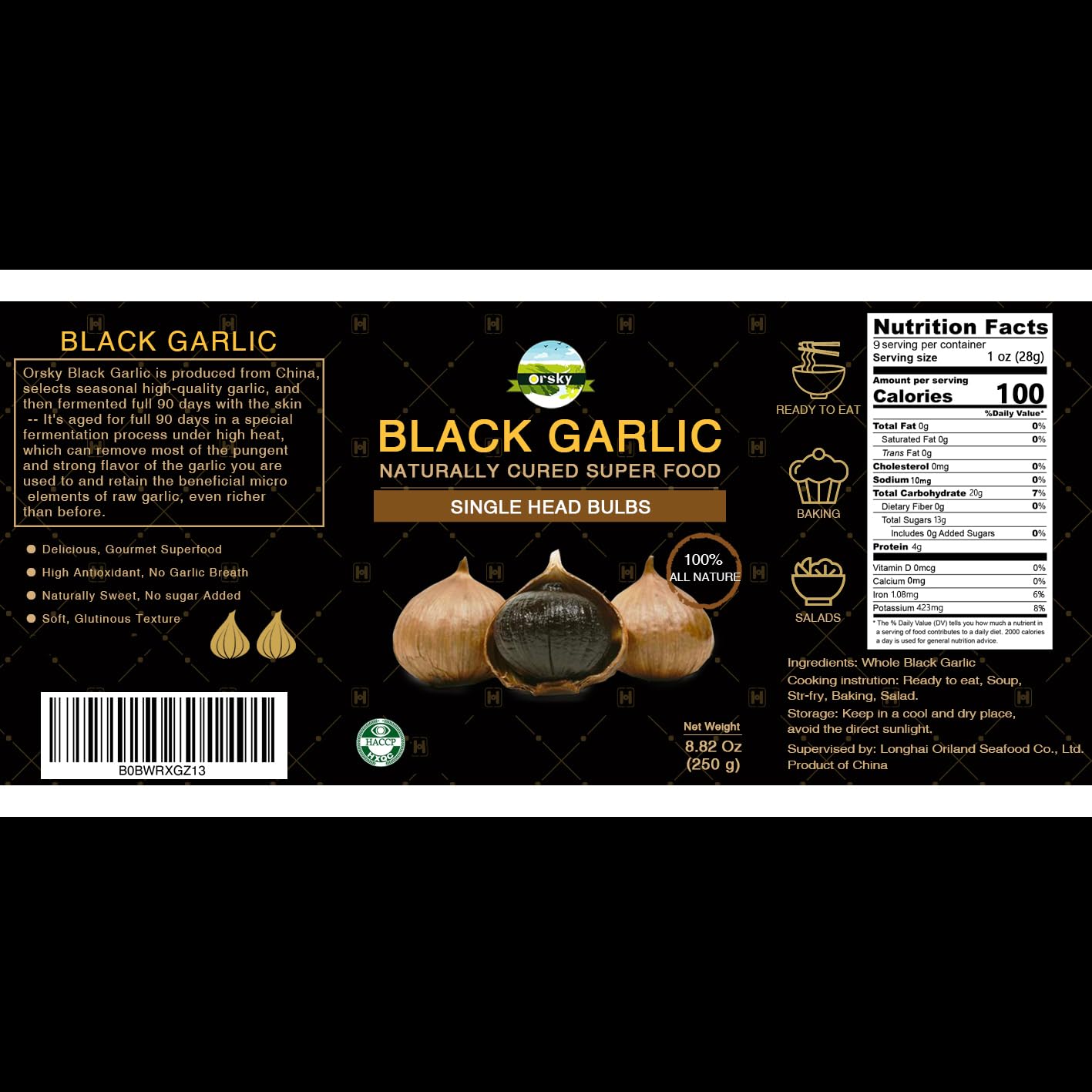 Orsky Whole Black Garlic, Fermented for 90 Days, 8.82 Oz (250g), Non-Additives, High in Antioxidants, Ready to Eat Snack