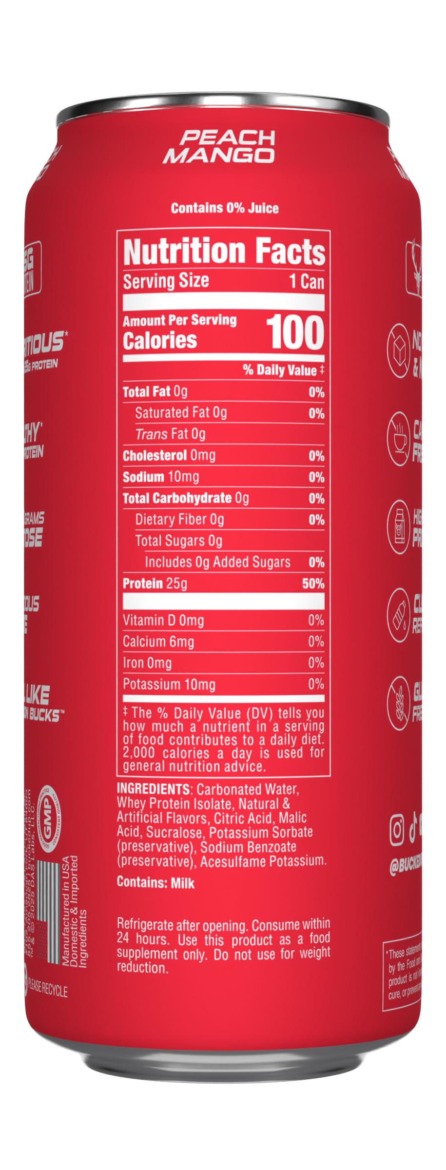 Bucked Up Lightly Carbonated Protein Soda | 25G Whey Isolate - Zero Sugar, Low Calorie, Caffeine Free, Clean Drink | Sparkling Protein Soda - 12 Pack, 16 Oz Cans (Peach Mango)