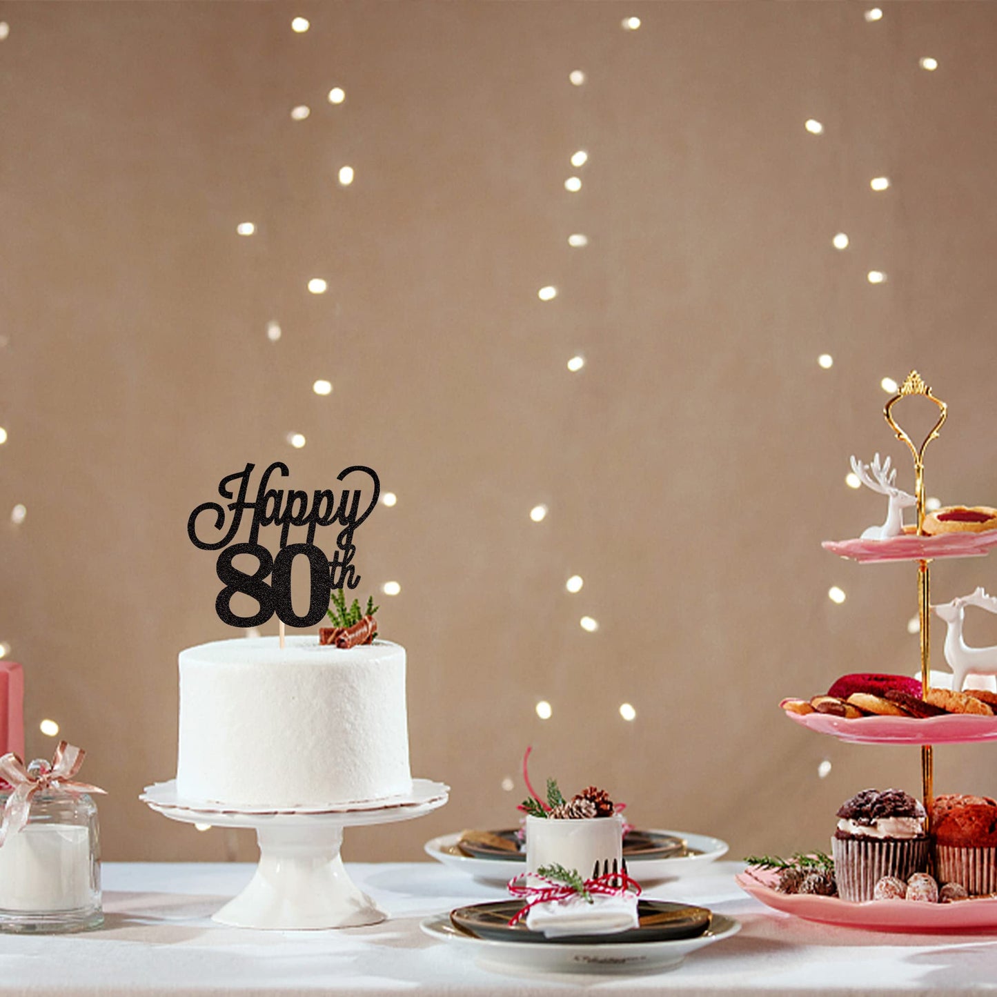 YCTHUNFISH 80th Birthday Cake Topper Black Glitter Bamboo Decoration for Cheers to 80 Years Old Party Supplies