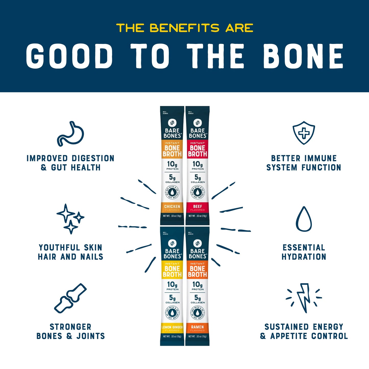 Bare Bones Bone Broth Powdered Mix Variety Pack | 4 Beef, 4 Chicken, 4 Ramen, 4 Lemon Ginger | Non-GMO, Gluten-Free, Keto Friendly, 16