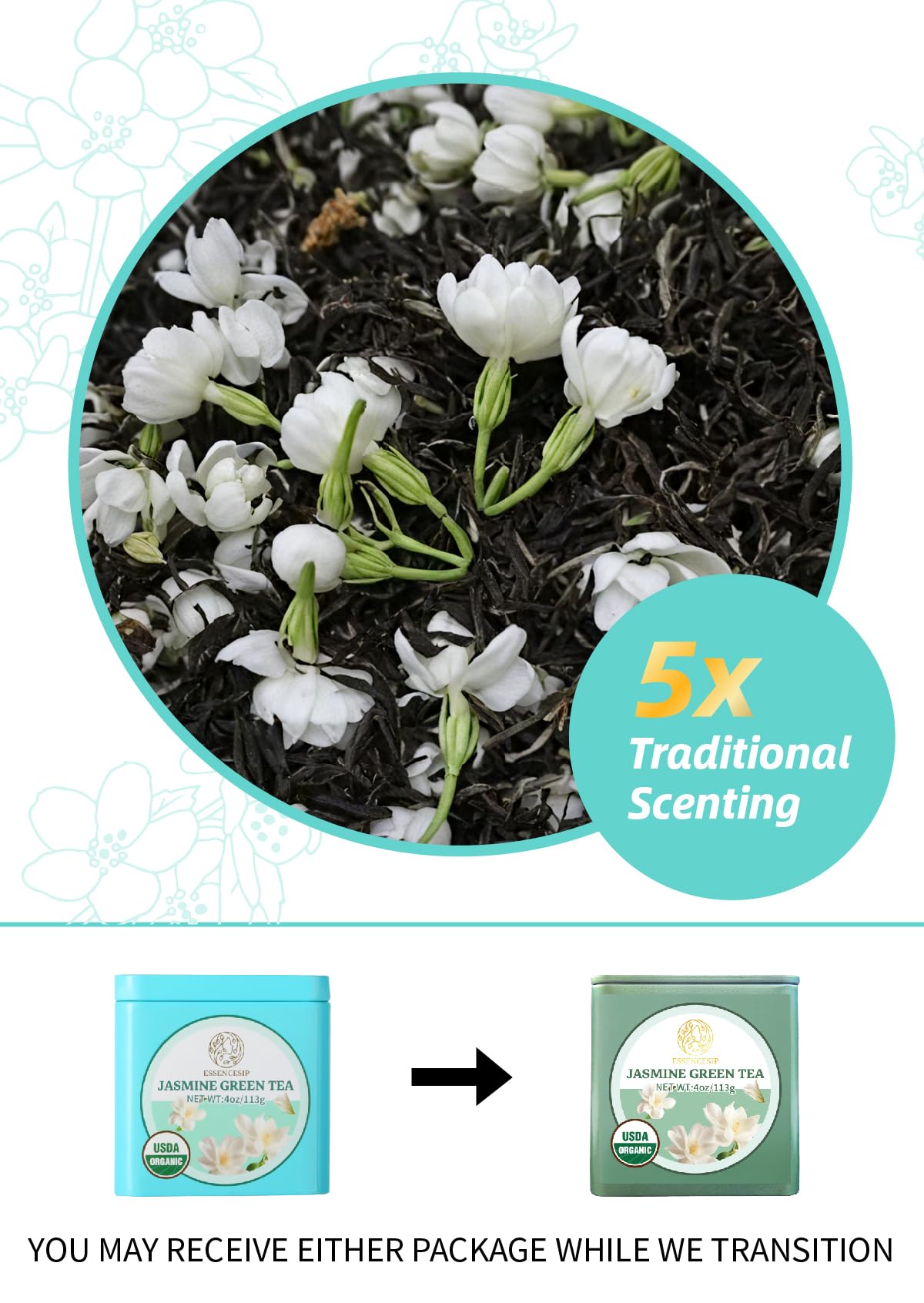 Essencesip Organic Jasmine Green Tea Loose Leaf  4oz Tin - Scented 5x with 6 000 Fresh Jasmine Blossoms  Low Caffeine  Antioxidant-Rich