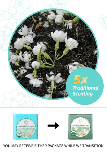 Essencesip Organic Jasmine Green Tea Loose Leaf  4oz Tin - Scented 5x with 6 000 Fresh Jasmine Blossoms  Low Caffeine  Antioxidant-Rich