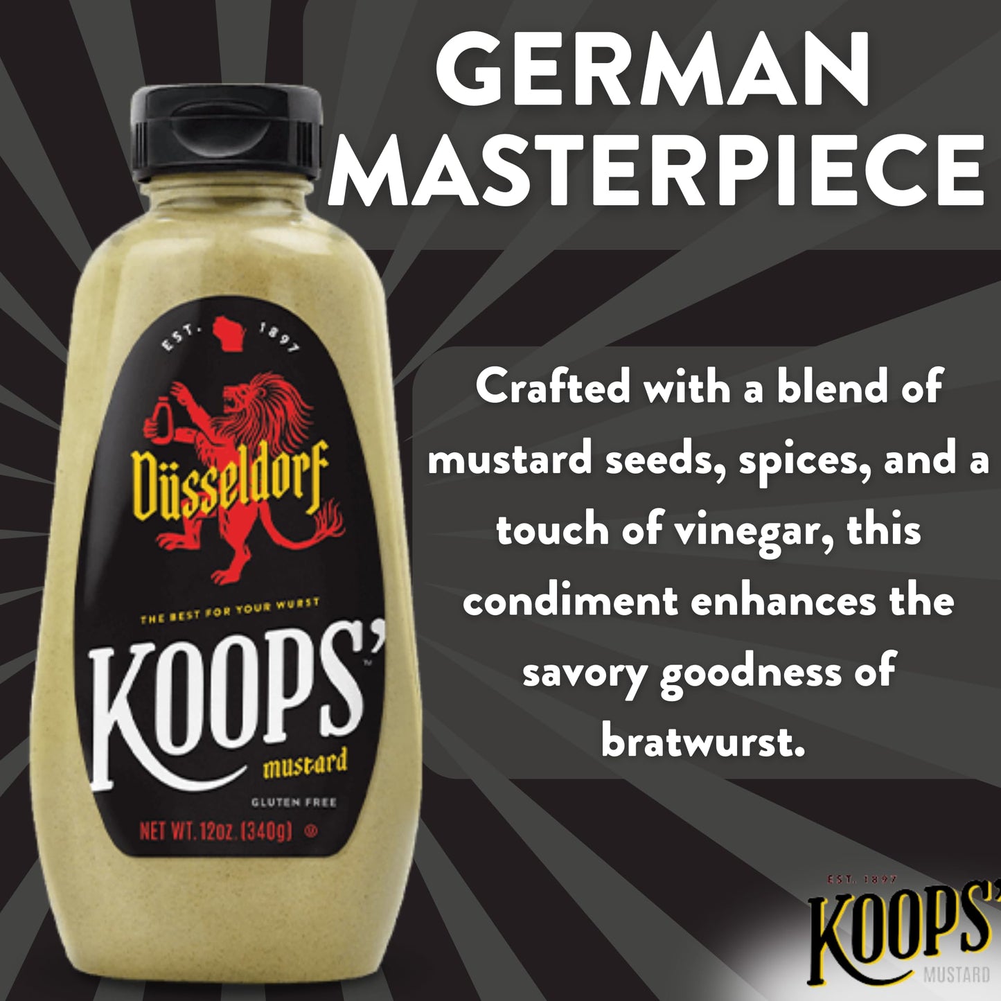 KOOPS Dusseldorf Mustard - German-Style Bratwurst Mustard, Gluten-Free, Kosher, 12 Oz, Pack of 4