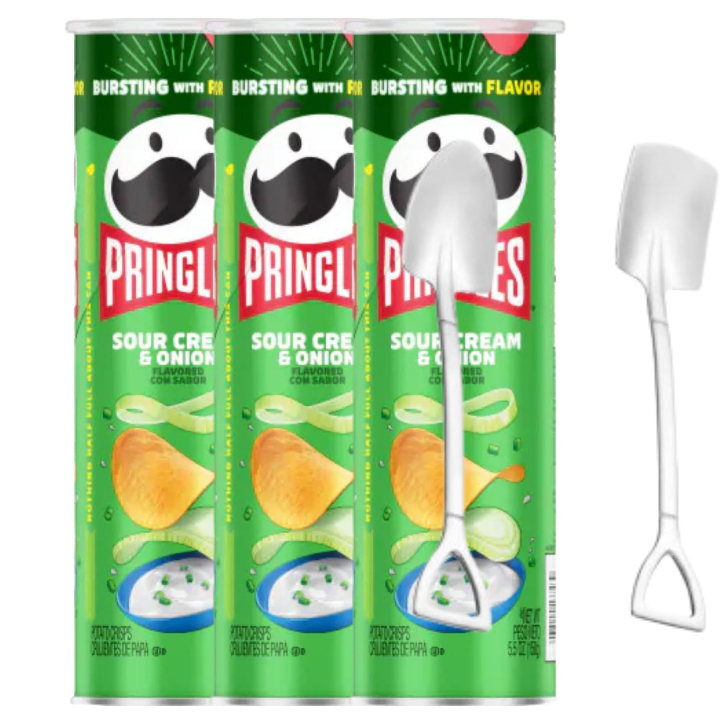 Candy Freezer Pr!?gles Sour Cream and Onion Potato Crisps Chips, 5.5 Oz (Pack of 3) Canister Pack with Mini Metal Shovel Spoons 