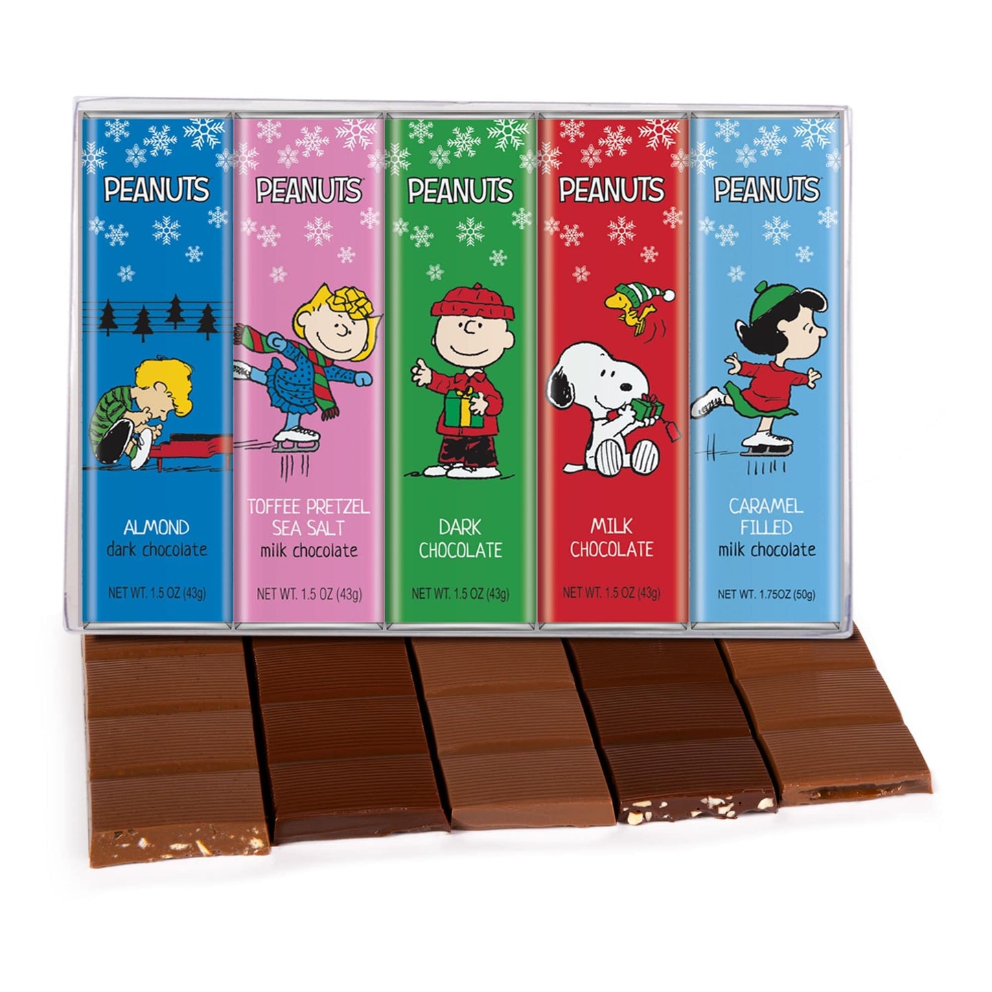 Peanuts Christmas Chocolate Winter Variety Gift Pack, Snoopy Gourmet Bar Snack Set, Charlie Brown Gifts For Kids, 1.5Oz 5-Bar Rich Belgian Chocolate Holiday Box Set, Kosher Candy,