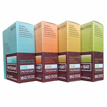 G2G Protein Bar, Pb Lovers 4-Pack, 1 Box Each Pb Choc Chip, Pb Coconut, Pb Banana, Pb & Jelly, Healthy Snack, Delicious Meal Rep