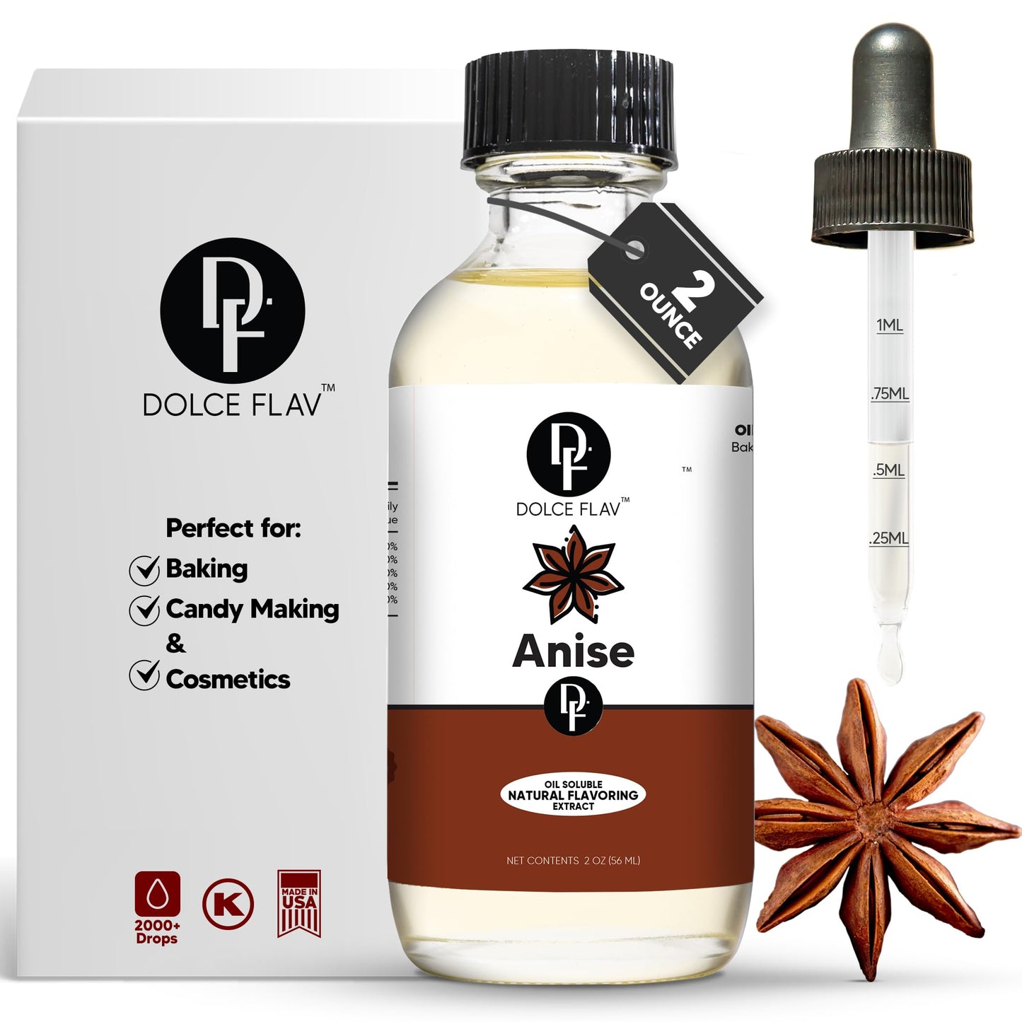 Dolce Foglia Anise Flavoring Oil - Ultra Concentrated, All Natural - 2 Oz. Multipurpose for Baking, Candy Making, Ice Cream