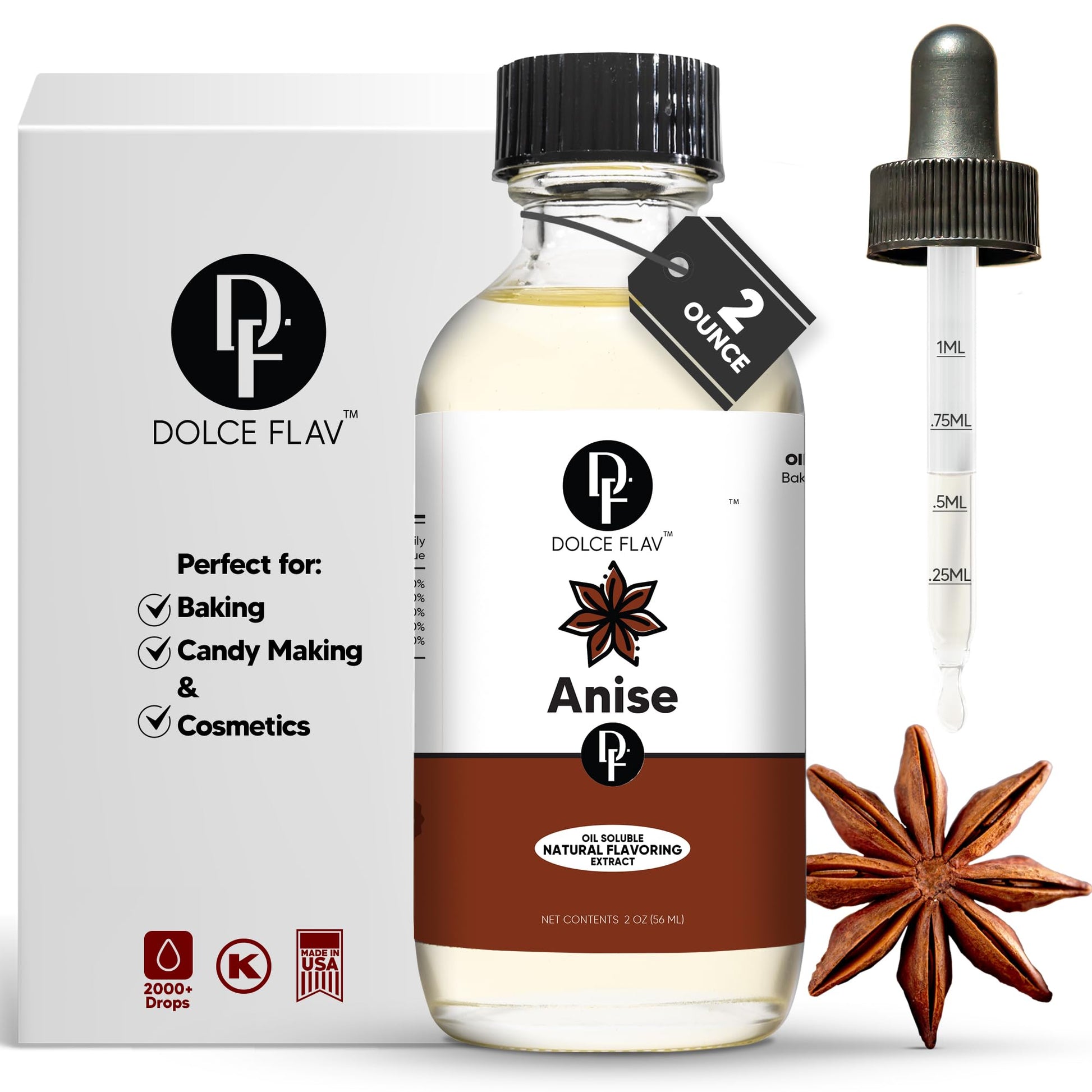 Dolce Foglia Anise Flavoring Oil - Ultra Concentrated, All Natural - 2 Oz. Multipurpose for Baking, Candy Making, Ice Cream