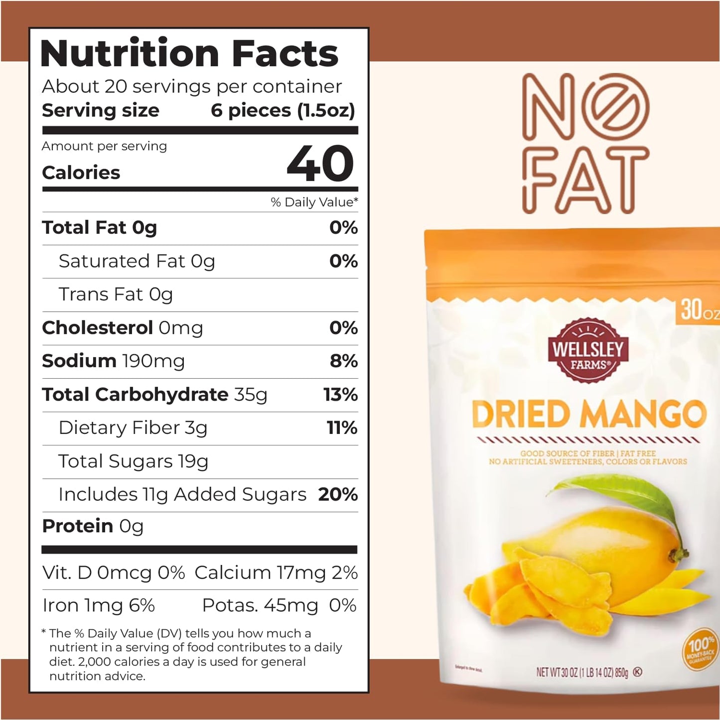 Wellsley Farms Dried Mango Slices - Non-Acidic Soft Chewy Dry Mango - Fat Free & High in Vitamin C - Good Source of Fiber - Drie