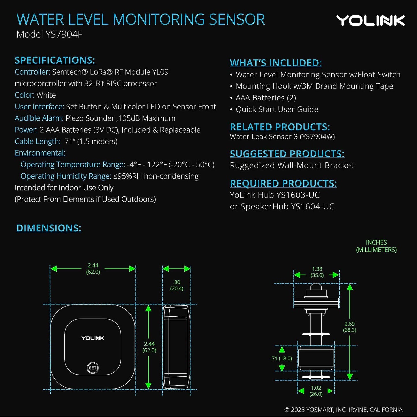 Yolink Lora Smart Water Level Monitoring Sensor, Wireless Battery-Powered Float Switch Alarm, Sump Pump Alarm, Ac Condensate Ove