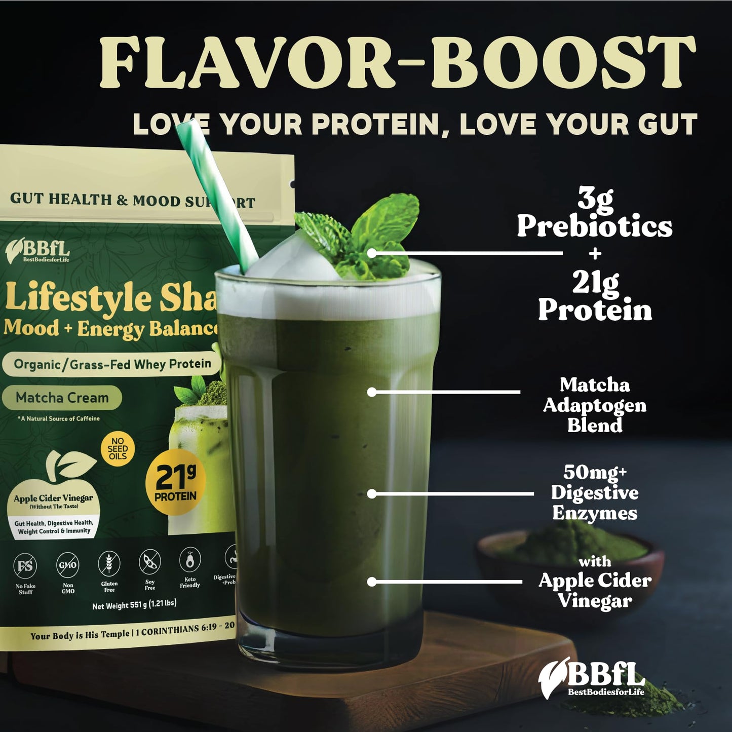 BBfL Grass-Fed Whey Protein Shake, 21g Protein, Matcha & Apple Cider Vinegar, Prebiotics, 15 Servings