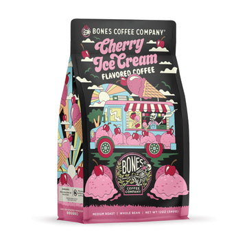 Bones Coffee Company Cherry Ice Cream Flavored Coffee Beans, Medium Roast Whole Bean Coffee Low Acid, Cherry Ice Cream Flavor (1