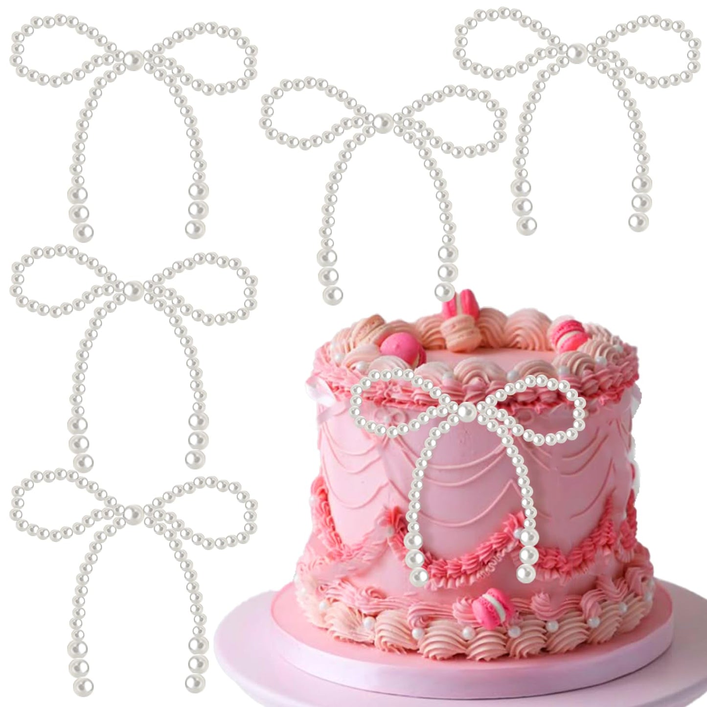 Solldgt 12Pcs Pearl Bow Cake Topper Set, White Bowknot Cupcake Toppers for Birthday, Wedding, Baby Shower Party Decorations