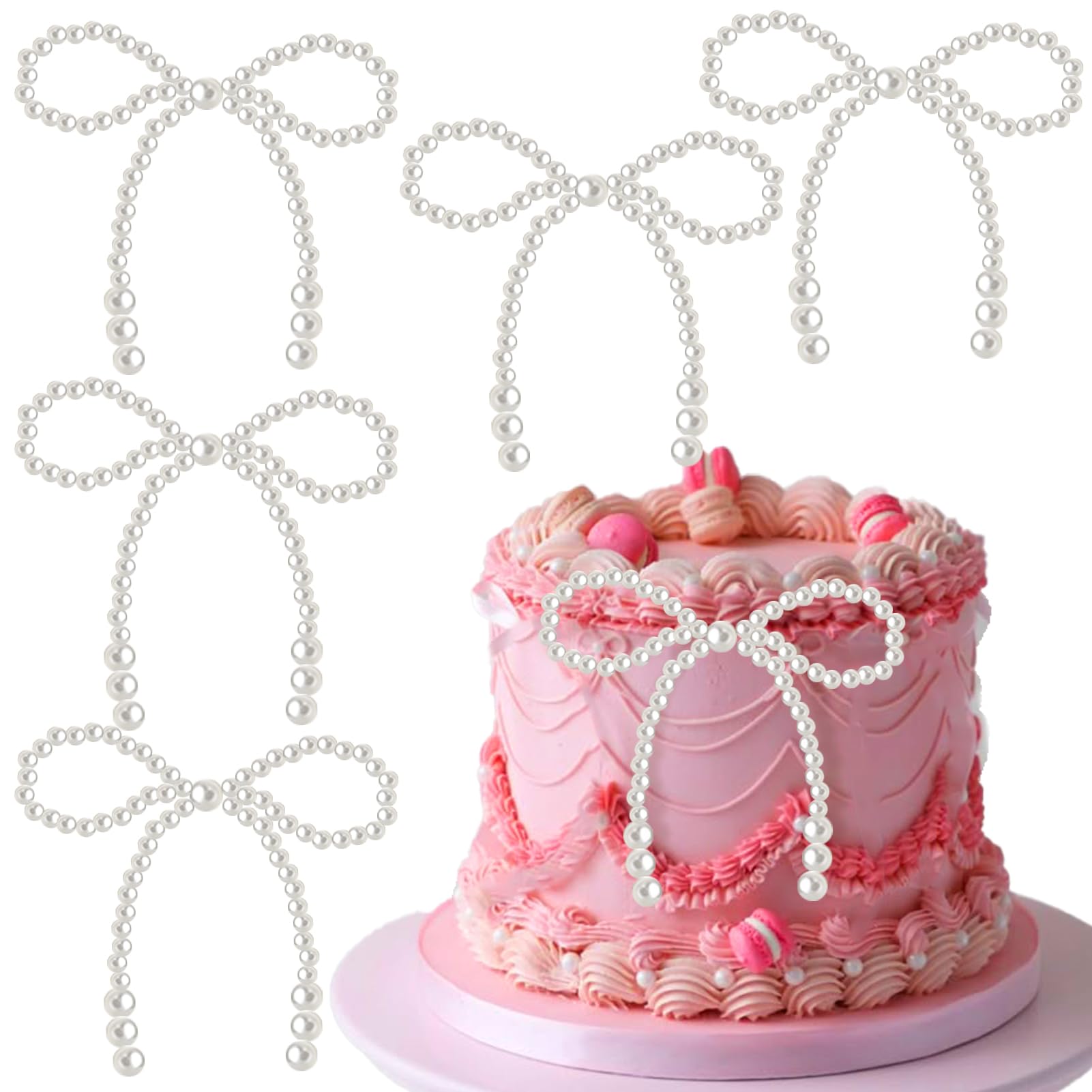 Solldgt 12Pcs Pearl Bow Cake Topper Set, White Bowknot Cupcake Toppers for Birthday, Wedding, Baby Shower Party Decorations