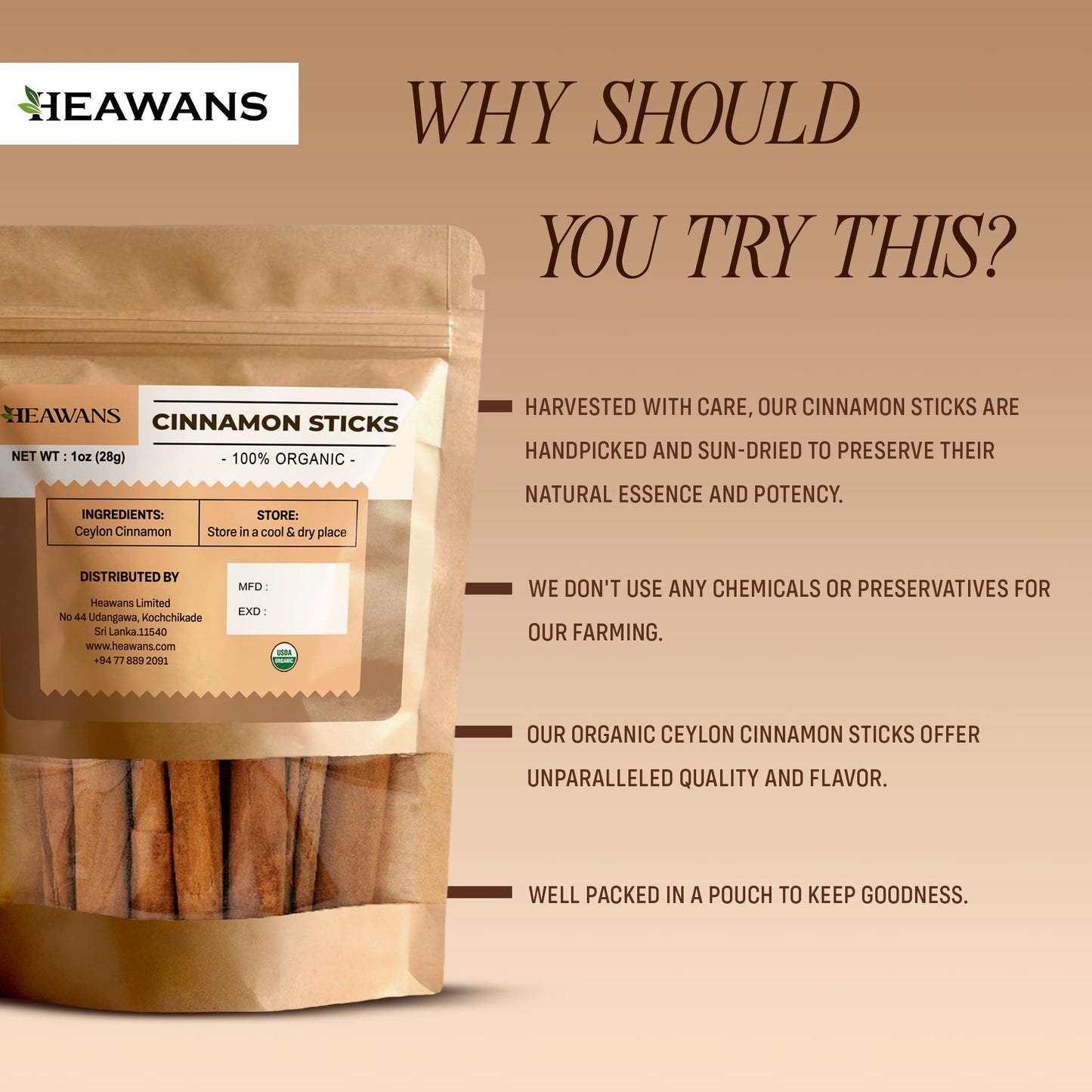 Heawans Organic Ceylon Cinnamon Sticks, 1 oz - Pure Ceylon, Not Cassia Cinnamon