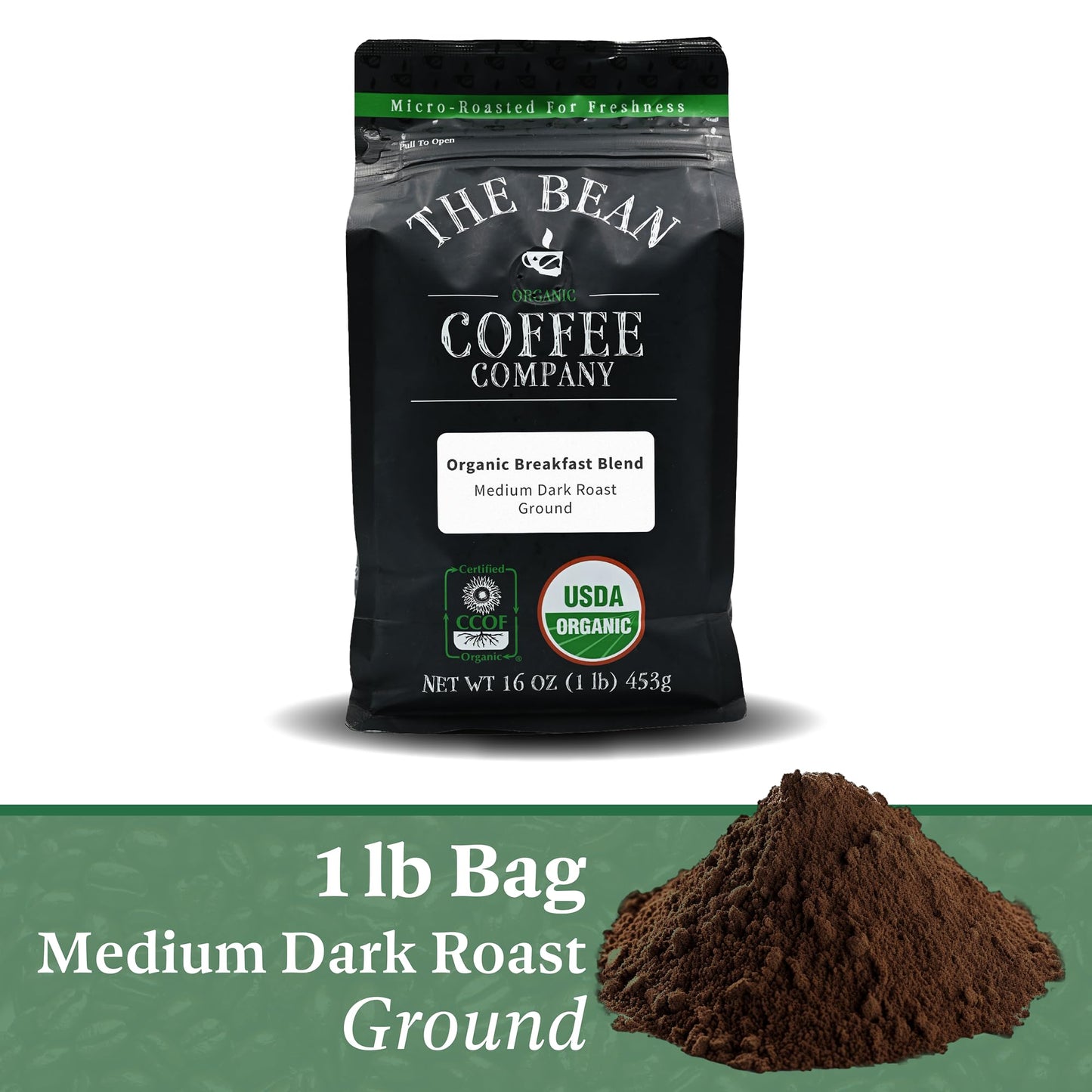 The Bean Organic Coffee Company Breakfast Blend, Medium Dark Roast, Ground Coffee, 16-Ounce Bag, Caf   molido tostado org  nico