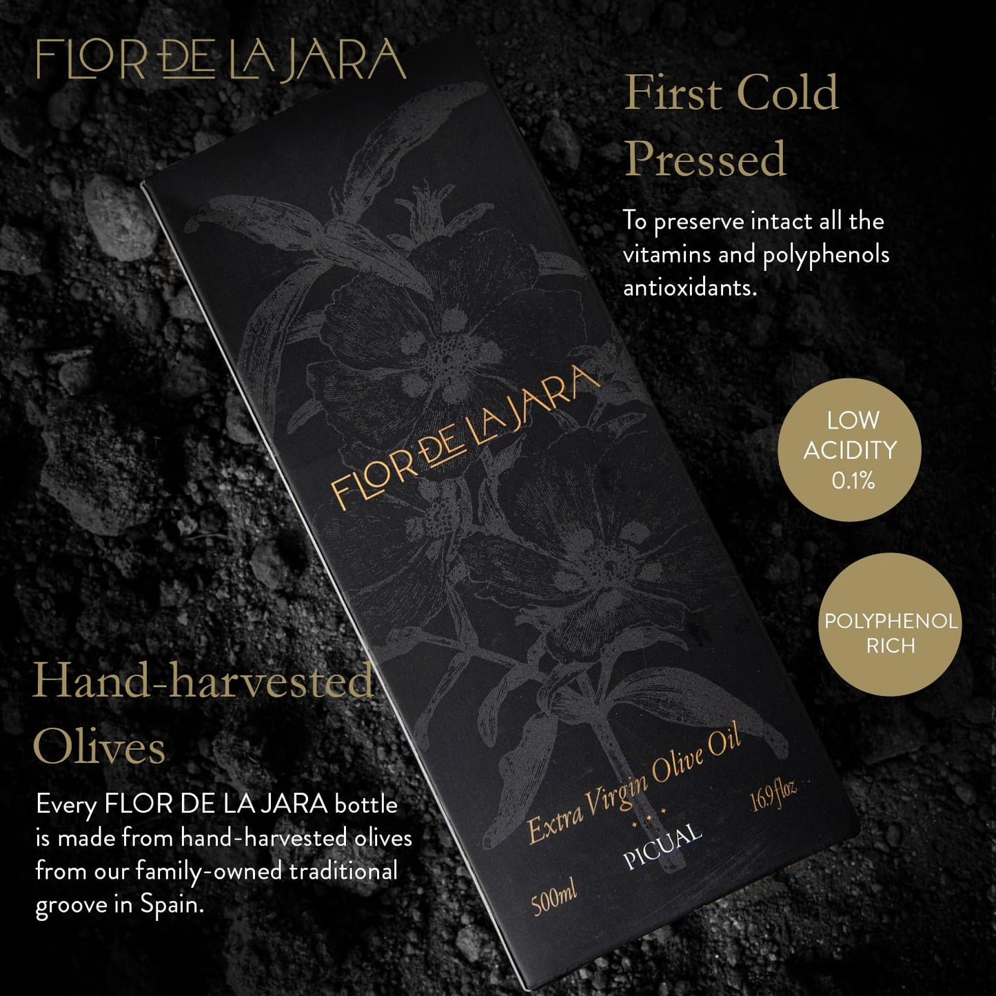 Flor De La Jara Premium Extra Virgin Olive Oil From Spain, First Cold Pressed, Polyphenol-Rich, Monovarietal Picual, Hand-Harves
