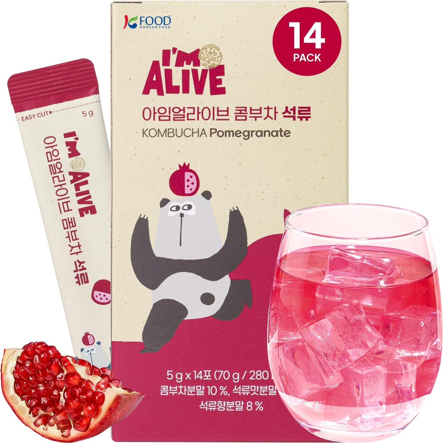 Korean Food I'm Alive Kombucha Powder Pomegranate(5g*14 Sticks) Authentic Fermented Kombucha with Papain & Bromelain for 7 Days,