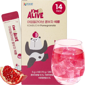 Korean Food I'm Alive Kombucha Powder Pomegranate(5g*14 Sticks) Authentic Fermented Kombucha with Papain & Bromelain for 7 Days,