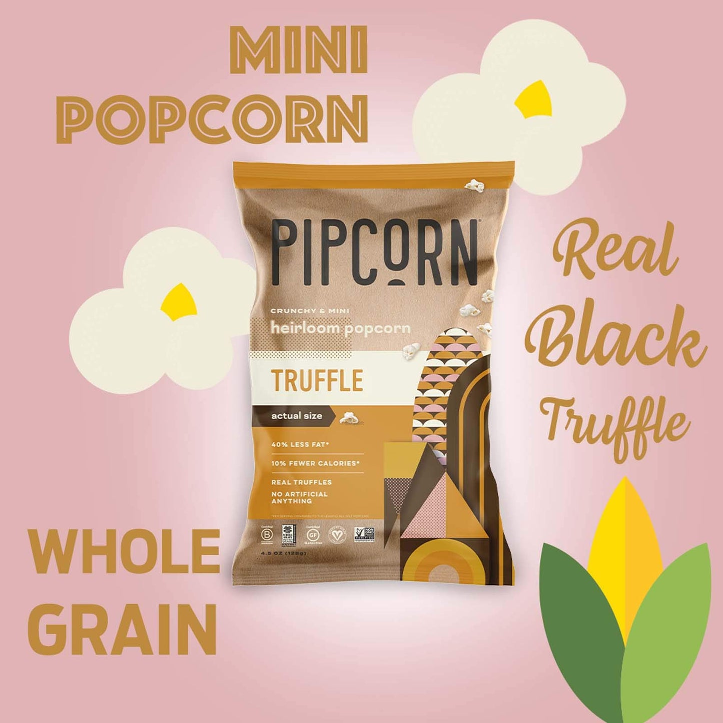 Pipcorn Heirloom Truffle Mini Popcorn - (3 Pack Of 4.5Oz Bags) - Vegan, No Artificial Anything, Non-Gmo Heirloom Corn, No Preser