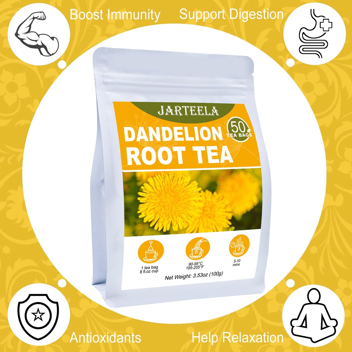Jarteela Dandelion Root Tea - Caffeine-Free, Non-GMO - 50 Count Pyramid Bags