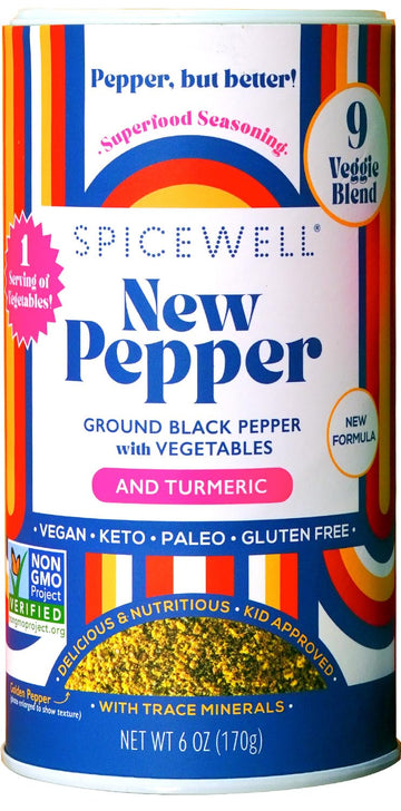 Spicewell - New Pepper Shaker - Ayurvedic Black Pepper with Turmeric, 21 Plant-Based Vitamins and Minerals - Fine Ground, Fresh 