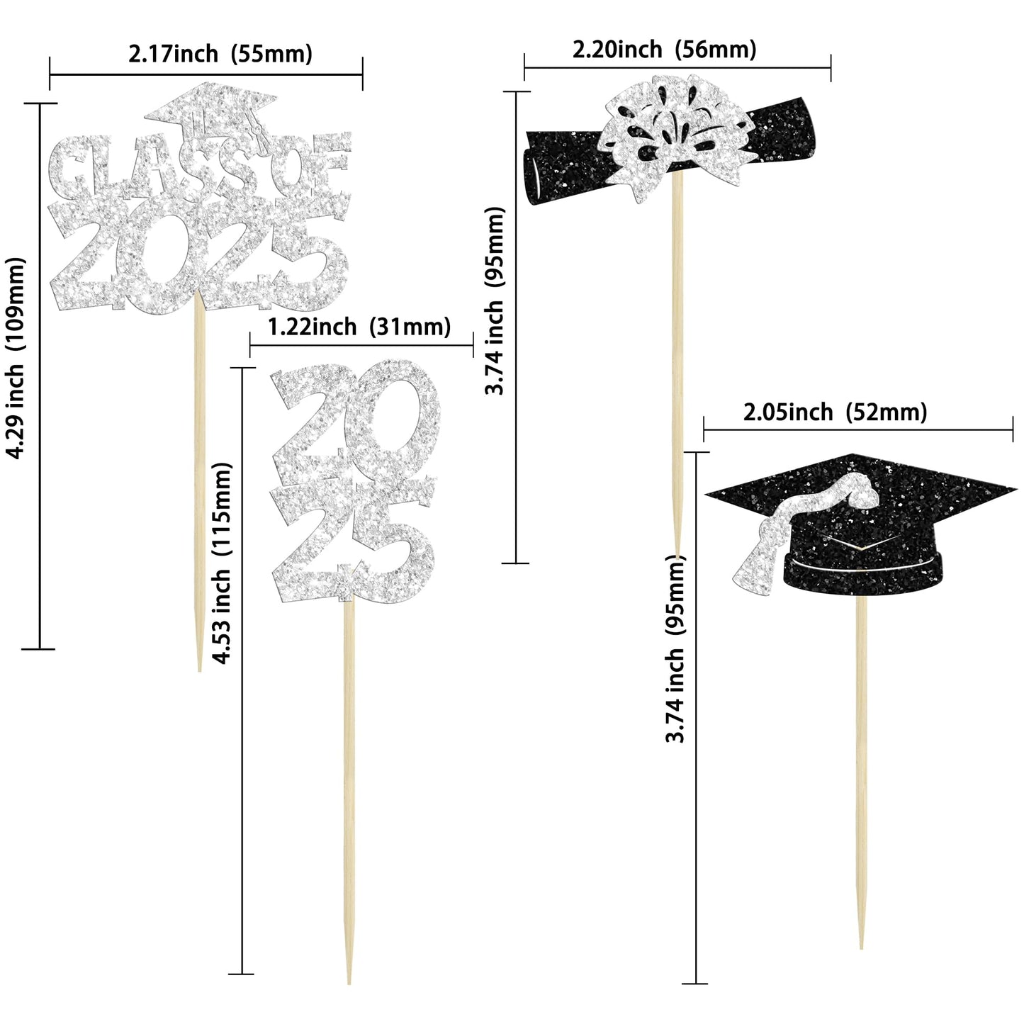 Ephlyn Cupcake Toppers 36Pcs Glitter Graduation Theme Class of 2025 Silver