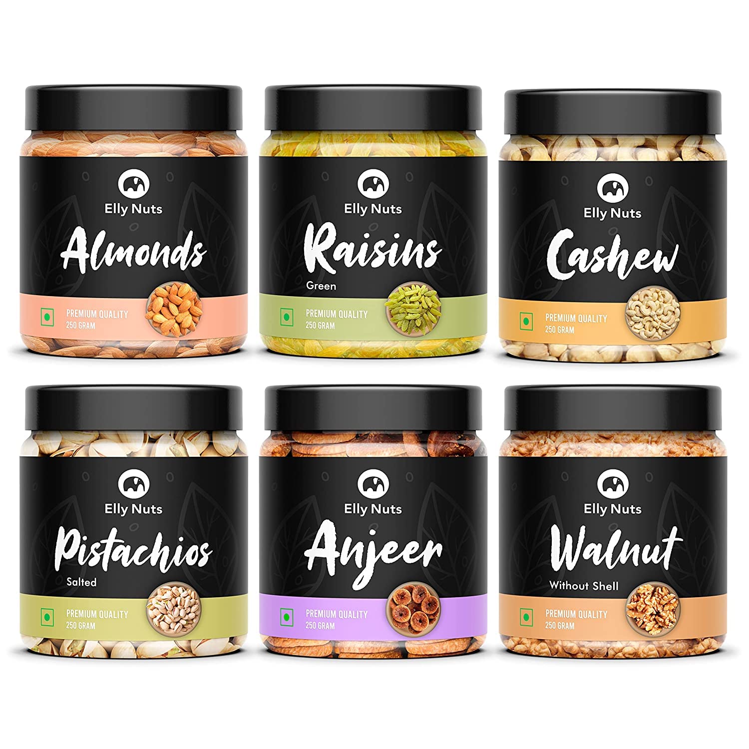Elly Nuts Dry Fruits Combo Pack 250 gms Each Total Weight 1.5 Kg- (California Almonds, Green Raisins, Cashew Nuts, Pistachios, A