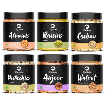Elly Nuts Dry Fruits Combo Pack 250 gms Each Total Weight 1.5 Kg- (California Almonds, Green Raisins, Cashew Nuts, Pistachios, A