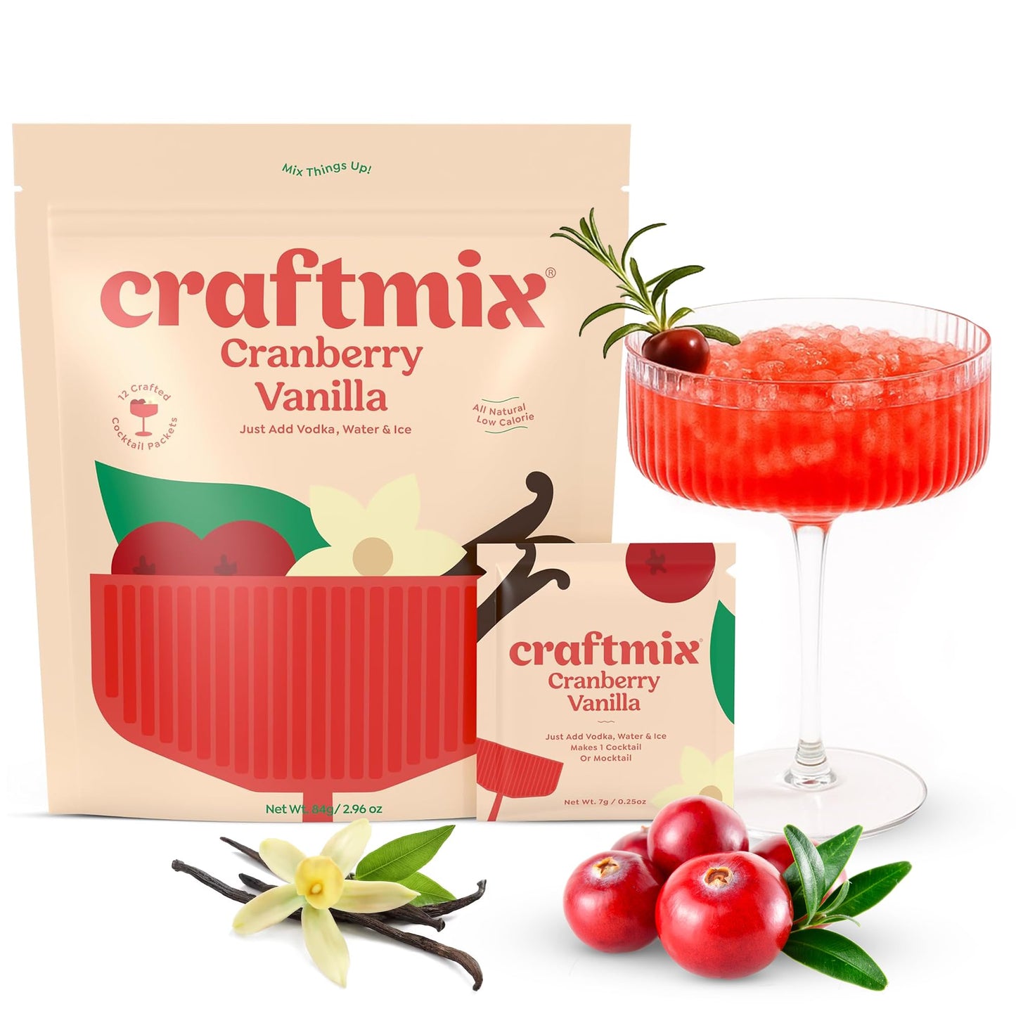 Craftmix Cranberry Vanilla Cocktail & Mocktail Drink Mixer, Skinny Mixes - Water Flavoring Packets - Made With Real Fruit - Vegan, Low-Carb, Low-Sugar, Non-Gmo, Dairy Free, Gluten Free, 12 Pack