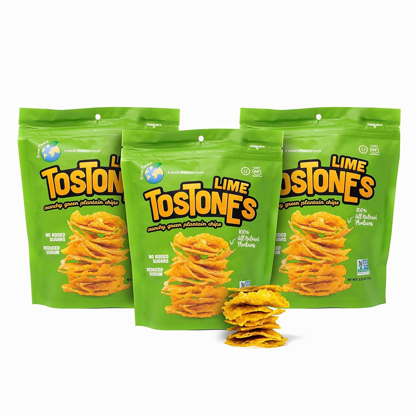Prime Planet TOSTONES Crunchy Plantain Chips, LIME Flavor, 3 Pack, 3.53 Oz Total