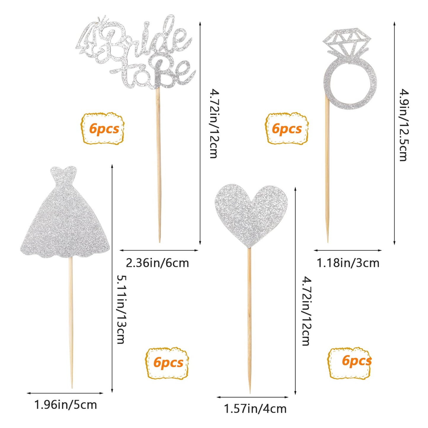 24 Pcs Glitter Bride Cupcake Toppers Silver Bridal Shower Cupcake Picks With Heart Ring Dress For Wedding Engagement Anniversary