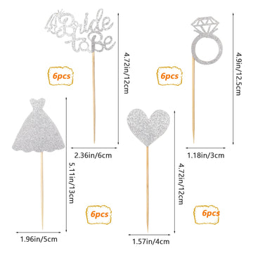 24 Pcs Glitter Bride Cupcake Toppers Silver Bridal Shower Cupcake Picks With Heart Ring Dress For Wedding Engagement Anniversary