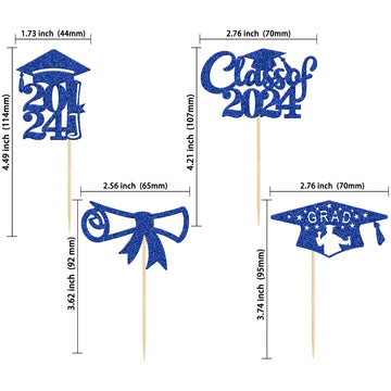 Gyufise 24Pcs 2024 Graduation Cupcake Toppers Deep Blue Glitter Class Of 2024 Diploma Congrats Grad Cap Cupcake Picks 2024 Gradu