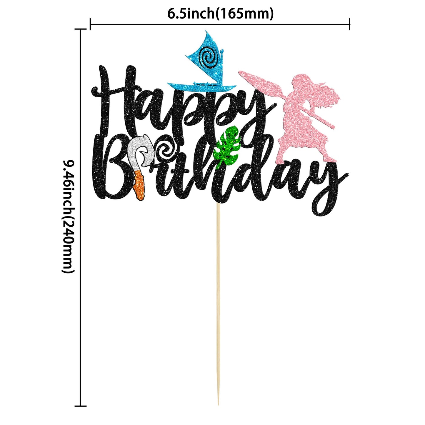 1Pcs Moa Inspired Cake Topper Black Glitter Palm Leaf Flower Happy Birthday Cake Pick Decoration For Tropical Hawaiian Luau Them