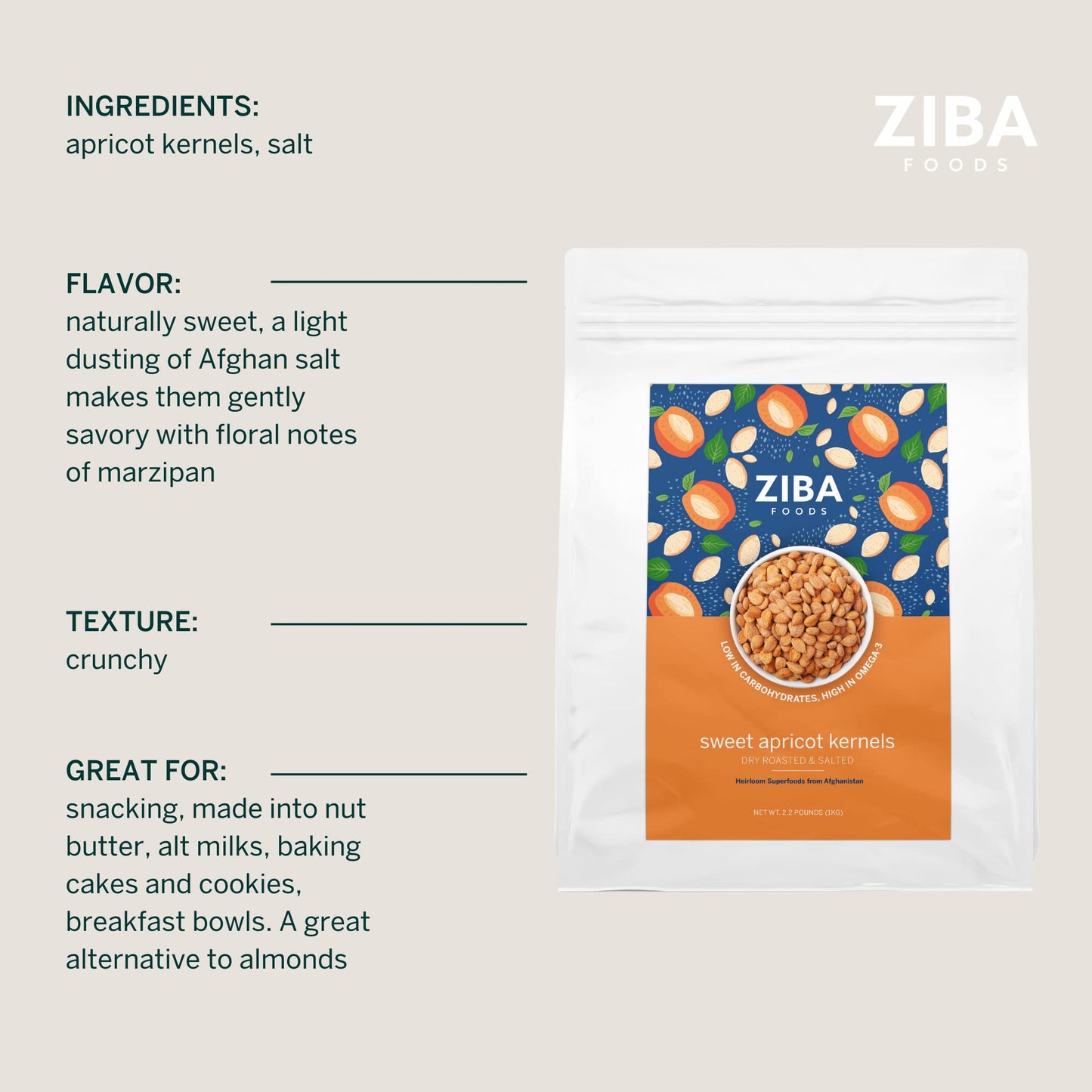 Ziba Foods Wild Grown Sweet Apricot Kernels, Non-GMO, Vegan, 2.2 lbs