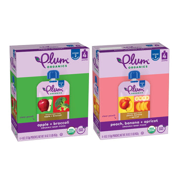 Plum Organics Stage 2 Organic Baby Food Pouches Bundle - 4 Oz Pouch (Pack Of 8) - Apple And Broccoli - Peach, Banana, And Aprico