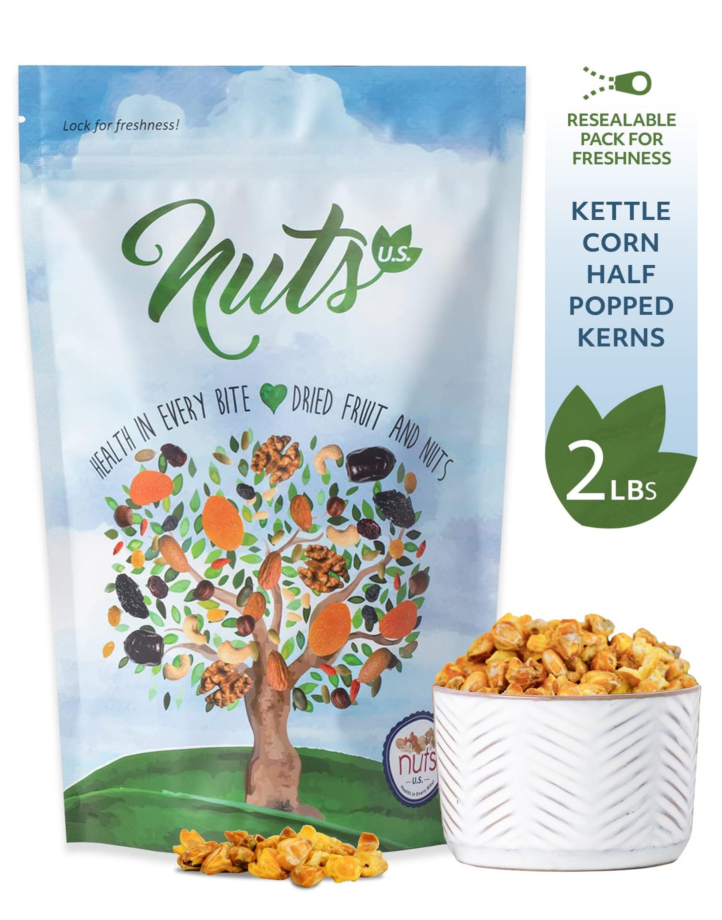 NUTS U.S. - Kettle Corn Half-Popped Kerns-Crunchy, Salty Snack - Non-GMO, Gluten-Free, No Artificial Flavors - 2 LB