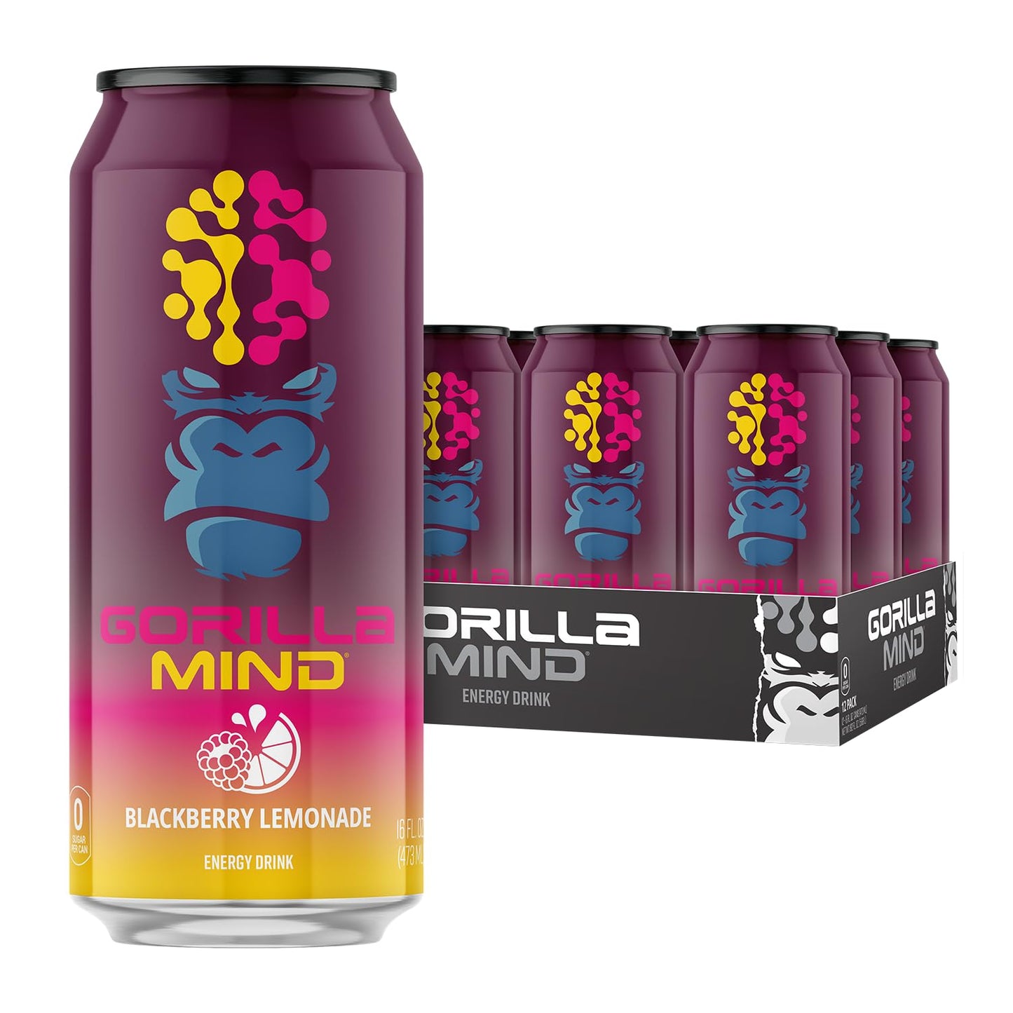 Gorilla Mind Energy Drink | Unmatched Energy  Amplified Focus | N-Acetyl-L-Tyrosine  Alpha-GPC  200mg Caffeine  Uridine  Saffron | 0 Sugar Or Artificial Colors | 16oz  12-Pack (Blackberry Lemonade)