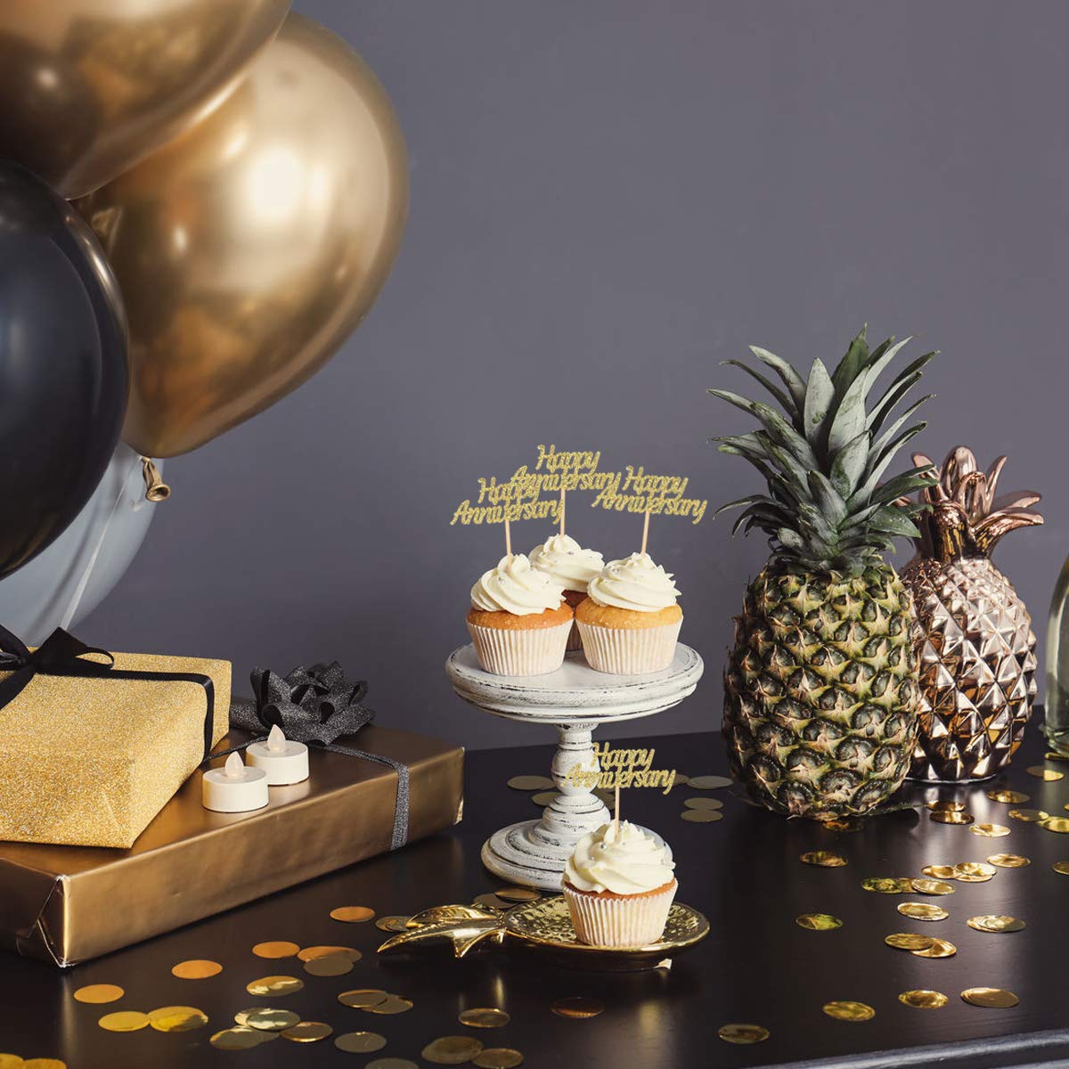 24 Pieces Gold Glitter Happy Anniversary Cupcake Toppers Cake Picks For Wedding Anniversary Party Table Decorations