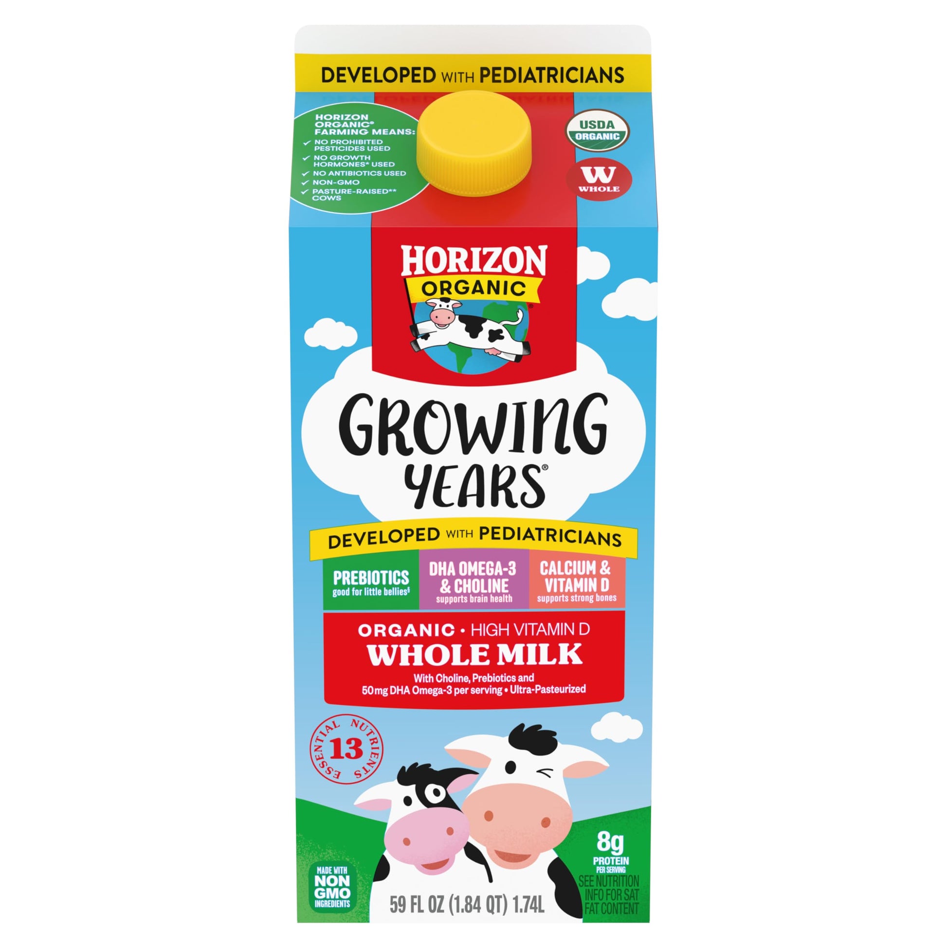 Horizon Organic Growing Years Whole Milk, High Vitamin D Organic Milk for Growing Kids with DHA Omega-3, Choline, and Prebiotics