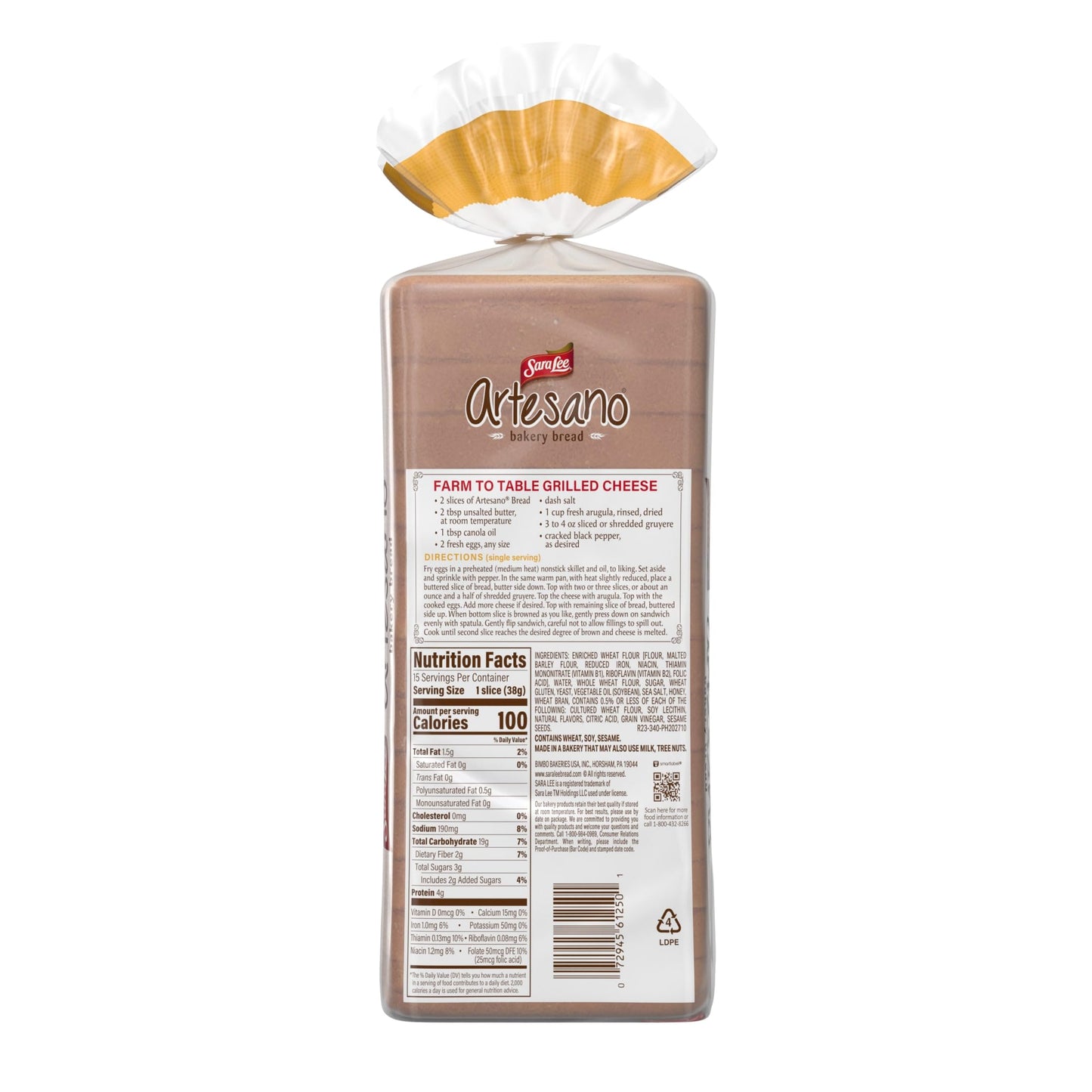 Sara Lee Artesano Golden Wheat Artisan Style Bread, 20 Oz Loaf of Wheat Bread Without Artificial Preservatives