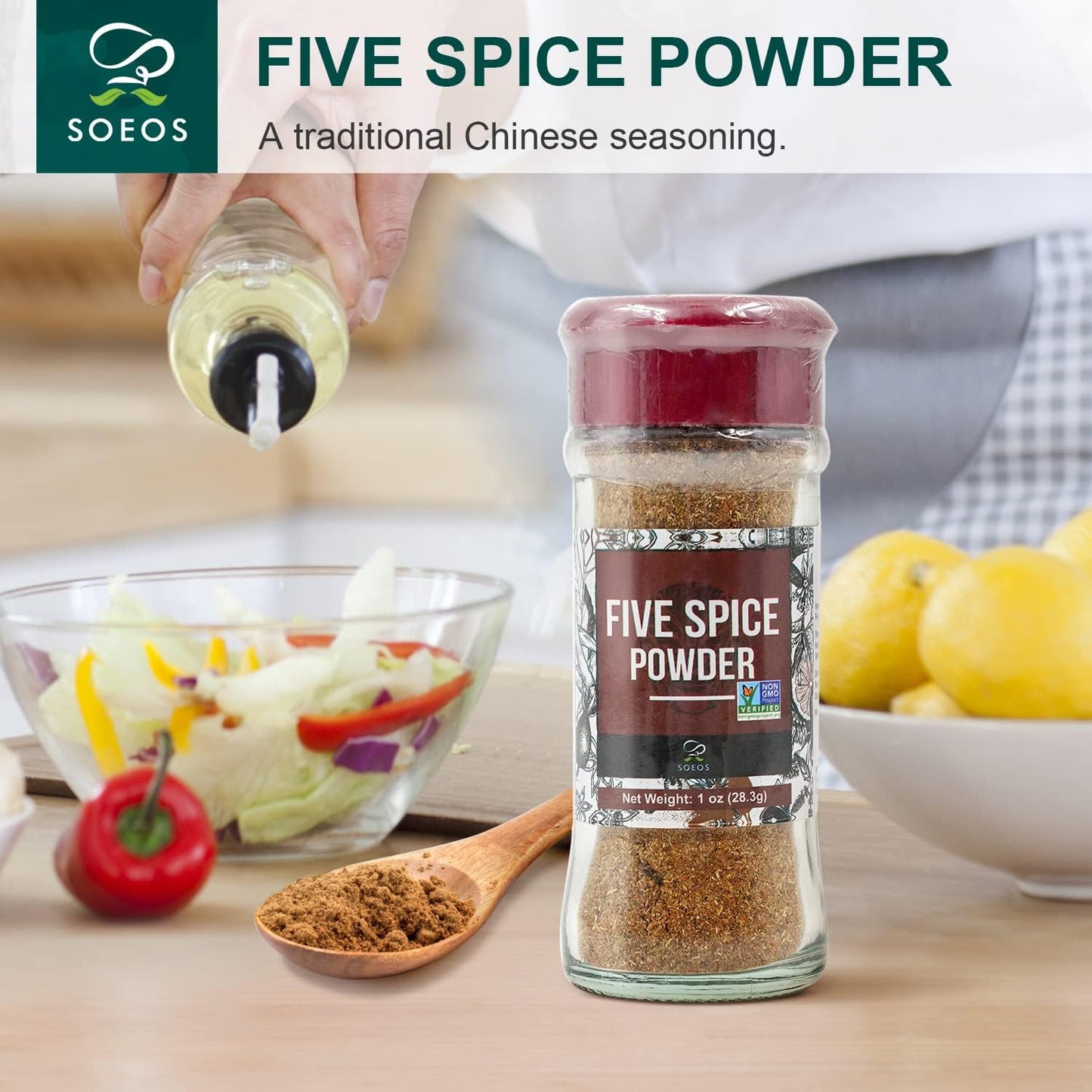 Soeos Chinese Five Spice 1 Ounce, Five Spice Powder, Five Spice Chinese Seasoning Non-GMO, Non-irradiated, No preservatives, No