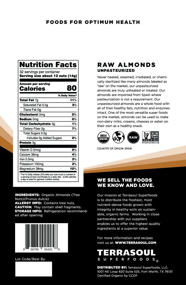 Terrasoul Superfoods Raw Unpasteurized Organic Almonds (Sproutable)  1 Pound