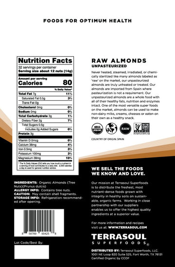 Terrasoul Superfoods Raw Unpasteurized Organic Almonds (Sproutable)  1 Pound