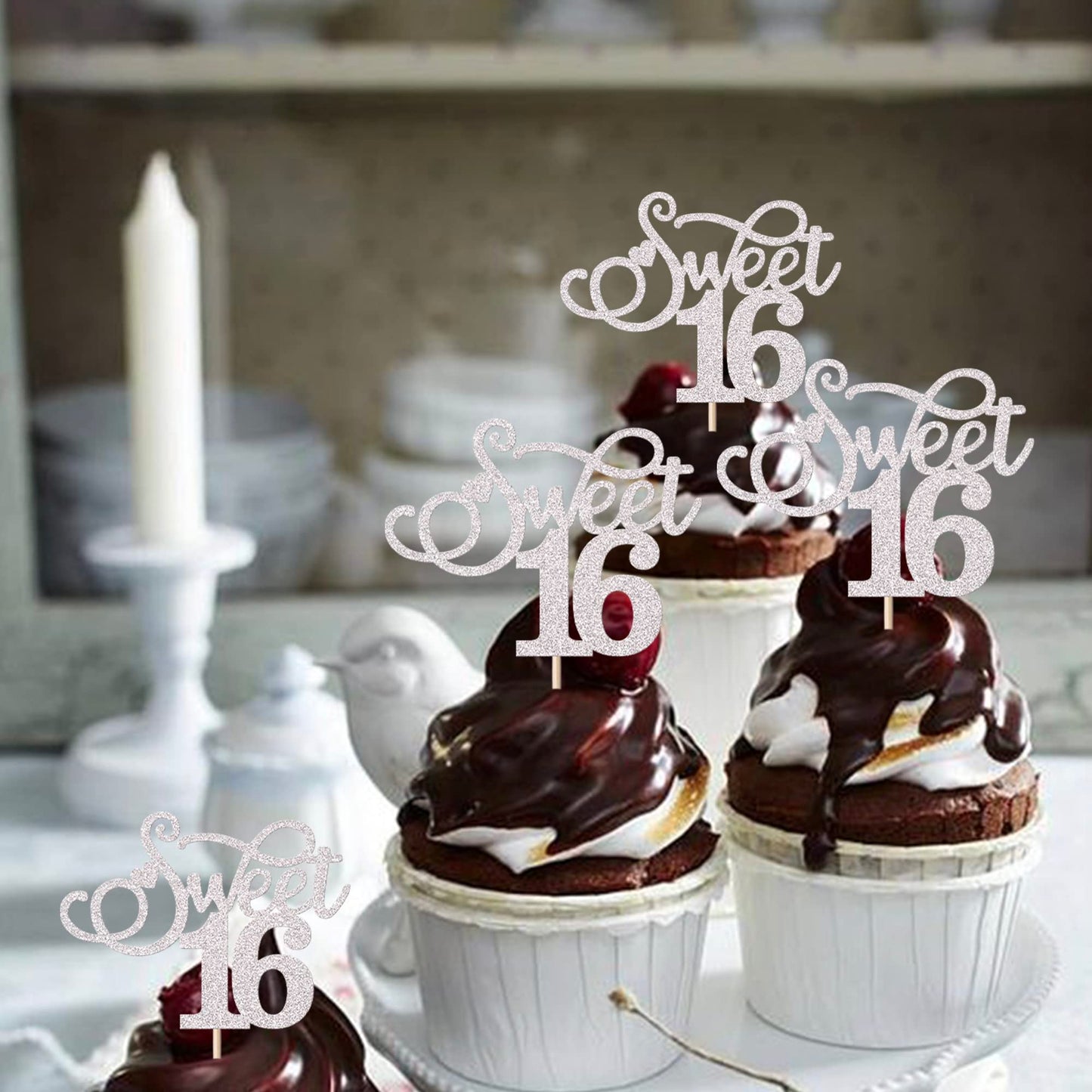 Rssta i Cupcake Toppers, 30 Pack Glitter Love Heart for 16th Birthday, Silver, Model XM201