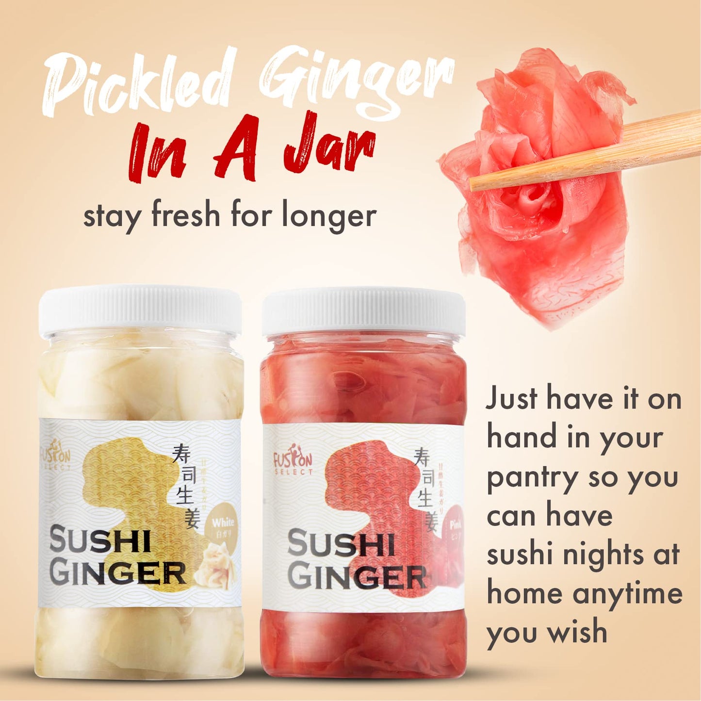 Fusion Select 3 Packs Sushi Ginger - Natural Sliced Gari, Pickled Ginger For Sushi - No Msg, Non-Gmo - Spicy, Sour, Sweet & Salty Taste Notes - Side Dish For Sashimi, Sushi Ingredients - 12Oz