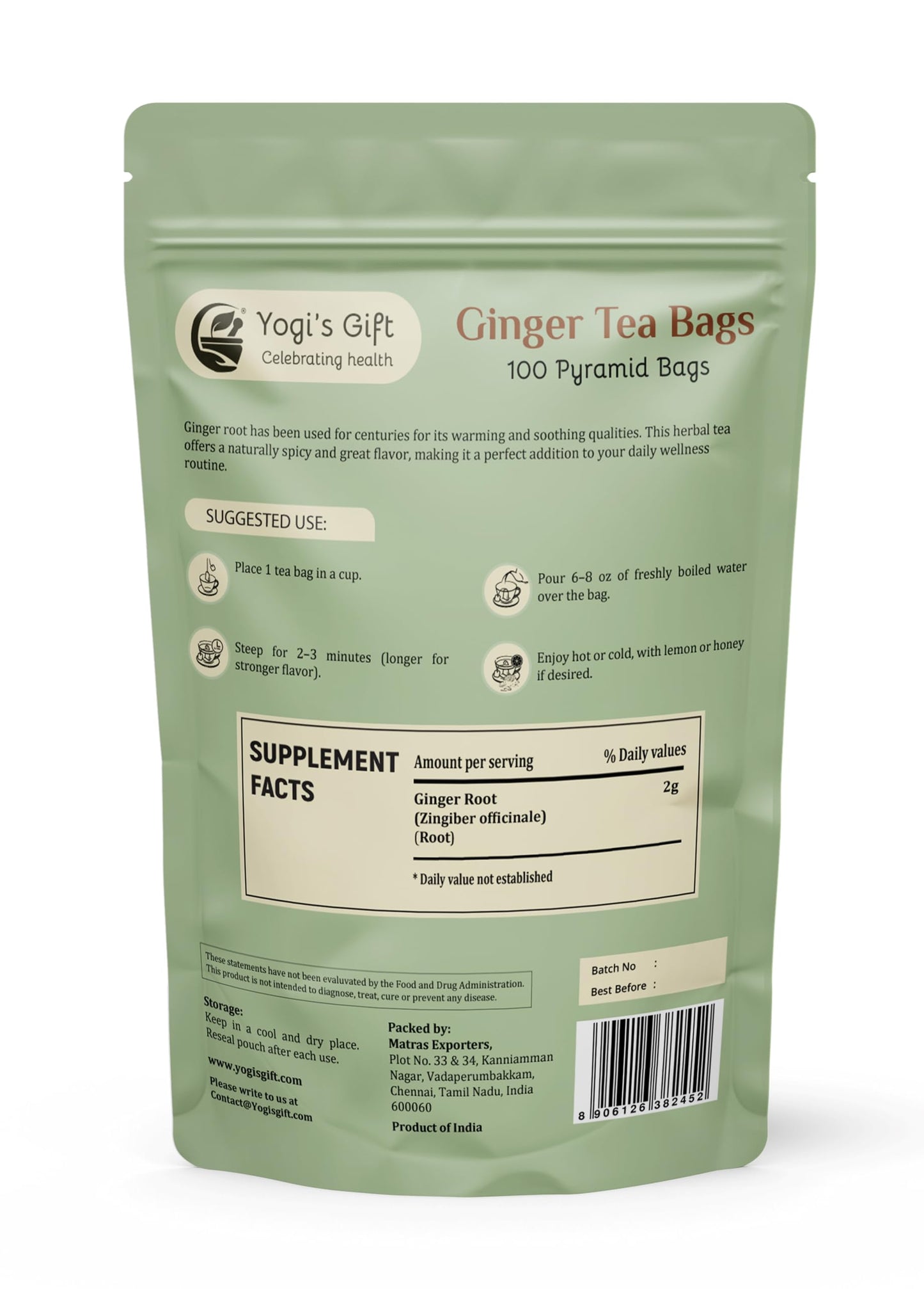Ginger Tea Bags – 100 Count Pyramid Tea Bags – 100% Pure Dried Ginger Root Tea – Bold & Spicy Herbal Flavor Ginger Tea – By Yogi’S Gift®